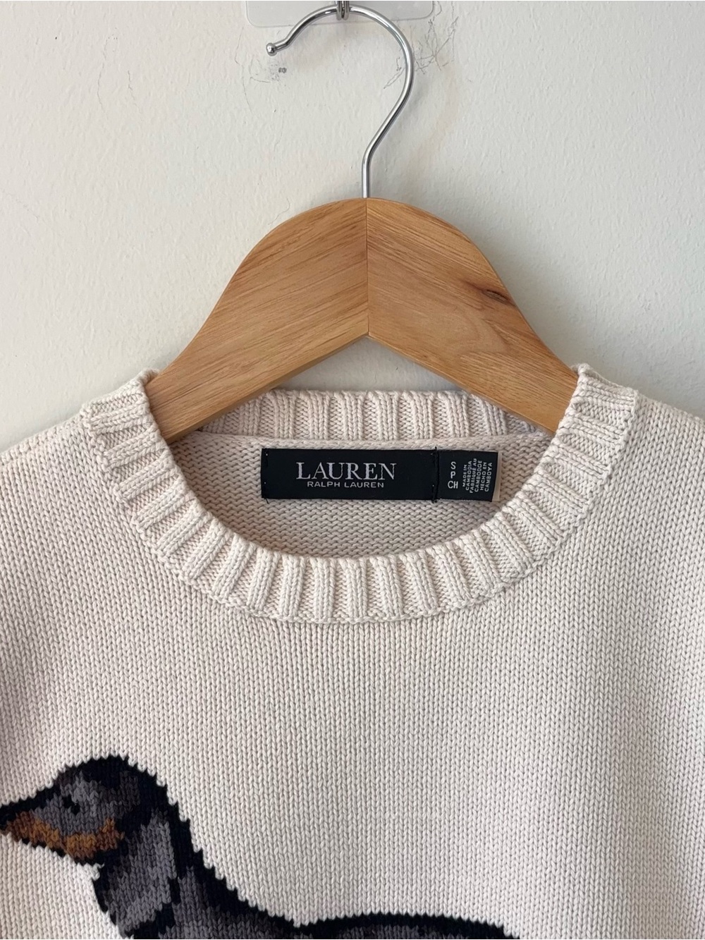 Lauren Ralph Lauren Intarsia Knit Dachshund Dog Cotton Sweater Size S Cream - Picture 3 of 12